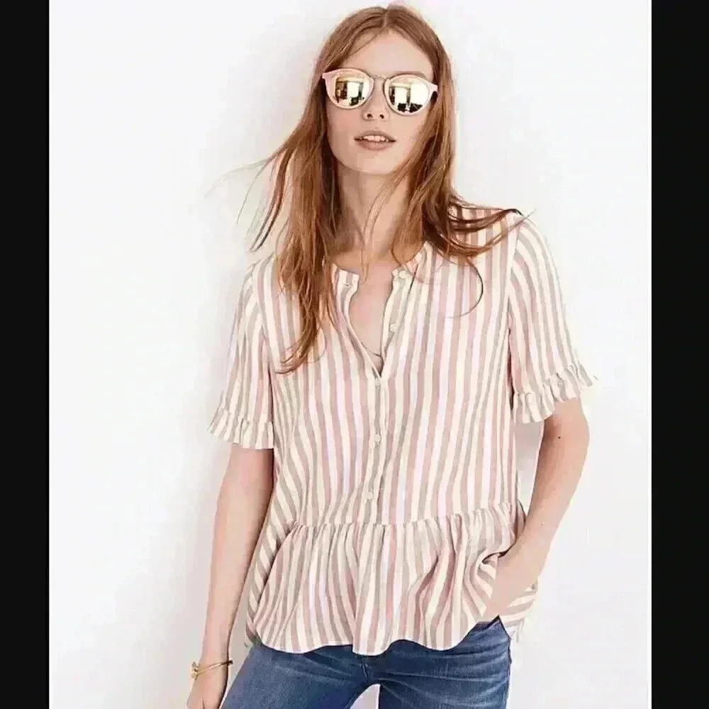Madewell Studio Ruffle-Hem Top in Cecilia Stripe Size XS